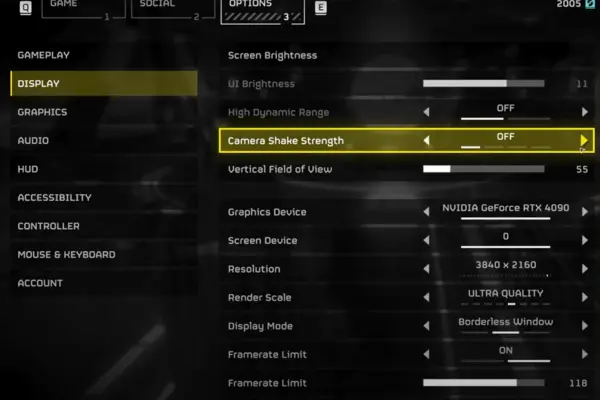  Helldivers PC controls Video game settings menu showing ‘GRAPHICS’ options like Brightness, HDR (OFF), and Camera Shake Strength.