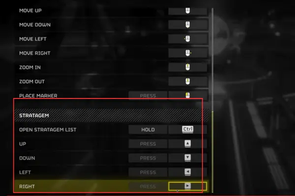 The image shows a section of a video game settings menu, specifically the key bindings configuration screen. The section highlighted in a red box displays options under the "STRATAGEM" category, showing controls for "OPEN STRATAGEM LIST" and directional inputs for UP, DOWN, LEFT, and RIGHT.